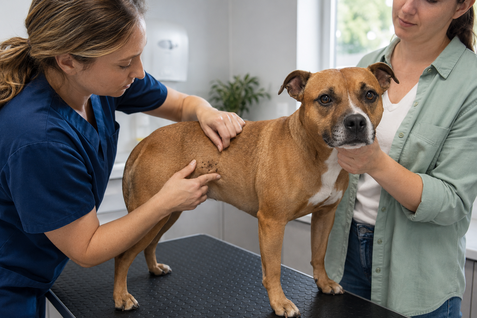 Veterinářka vyšetřuje kůži psa se strupy a úbytkem srsti